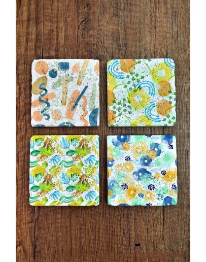 Doğal Taş Bardak Altlığı - Renkli Sulu Boya Desenler Baskılı 10x10cm Stone Coasters