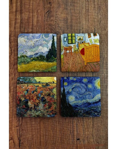 Doğal Taş Bardak Altlığı - Van Gogh Eserleri Baskılı 10x10cm Stone Coasters