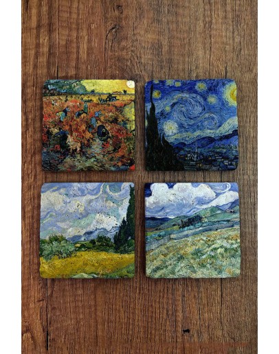 Doğal Taş Bardak Altlığı - Vincent Van Gogh Eserleri Baskılı 10x10cm Stone Coasters