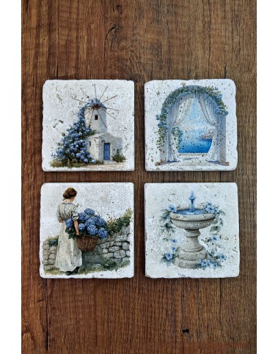 Doğal Taş Bardak Altlığı - Santoini Temalı 10x10cm Stone Coasters
