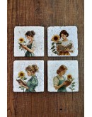 Doğal Taş Bardak Altlığı -Kitap okuyan kız & Ayçiçeği Temalı Stone Coasters