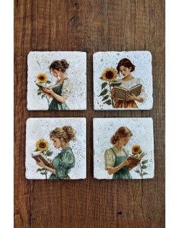 Doğal Taş Bardak Altlığı -Kitap okuyan kız & Ayçiçeği Temalı Stone Coasters