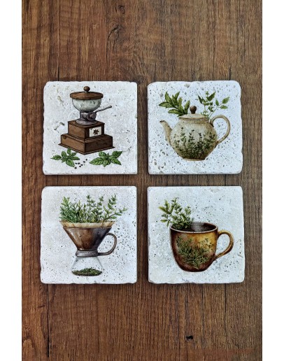 Doğal Taş Bardak Altlığı - Kahve & Çay Temalı 10x10cm - Stone Coasters