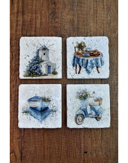 Doğal Taş Bardak Altlığı - Nostalji Temalı Mavi Tonlar - Stone Coasters
