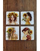 Doğal Taş Bardak Altlığı -Ayçiçeği & Kız Temalı Stone Coasters