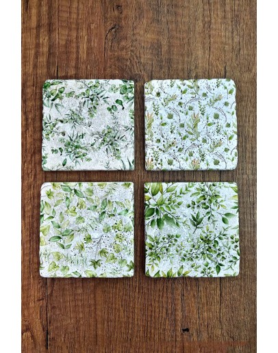 Doğal Taş Bardak Altlığı - Yeşil Bitkiler Baskılı 10x10cm Stone Coasters