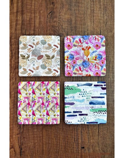 Doğal Taş Bardak Altlığı - Renkli Desenler Baskılı 10x10cm Stone Coasters