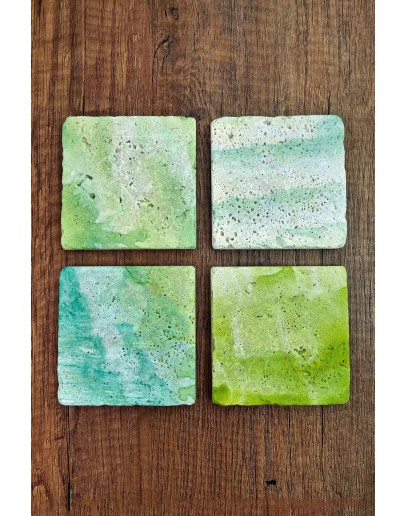 Doğal Taş Bardak Altlığı - Yeşil Turkuaz Desenler Baskılı 10x10cm Stone Coasters