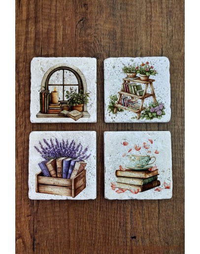 Doğal Taş Bardak Altlığı - Doğa & Kitap Temalı Stone Coasters