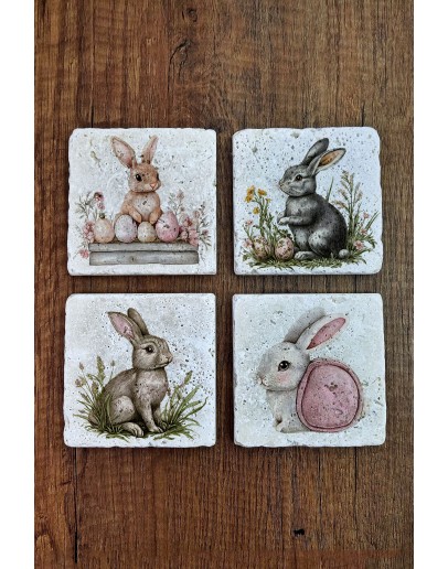 Doğal Taş Bardak Altlığı - Sevimli Tavşanlar Temalı 10x10cm Stone Coasters