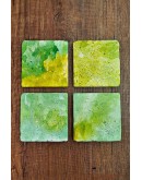 Doğal Taş Bardak Altlığı - Yeşil Sulu Boya Desenler Baskılı 10x10cm Stone Coasters
