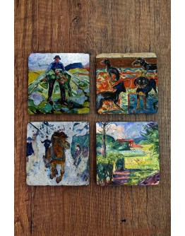 Doğal Taş Bardak Altlığı - Edvard Munch Eserleri Baskılı 10x10cm Stone Coasters