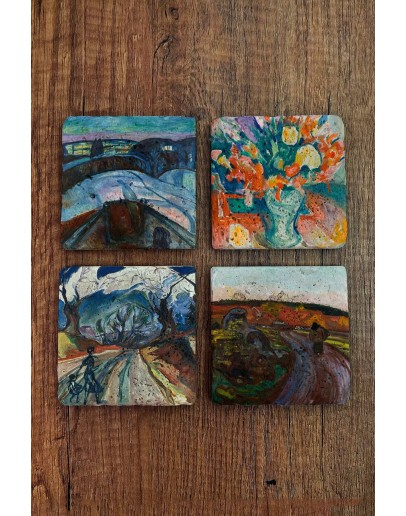 Doğal Taş Bardak Altlığı - Edvard Munch Eserleri Baskılı 10x10cm Stone Coasters