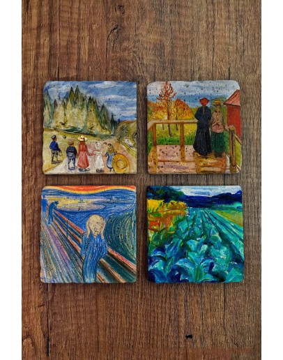 Doğal Taş Bardak Altlığı - Edvard Munch Eserleri Baskılı 10x10cm Stone Coasters