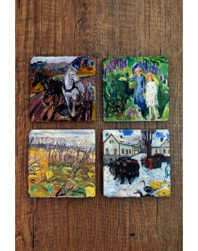 Doğal Taş Bardak Altlığı - Edvard Munch Eserleri Baskılı 10x10cm Stone Coasters