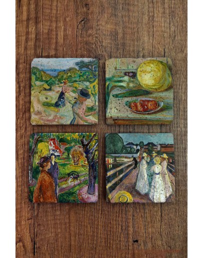 Doğal Taş Bardak Altlığı - Edvard Munch Eserleri Baskılı 10x10cm Stone Coasters