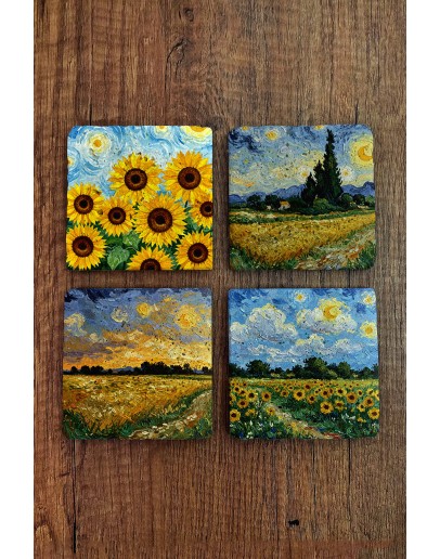 Doğal Taş Bardak Altlığı - Van Gogh AI Eserleri Baskılı 10x10cm Yapay Zeka Stone Coasters 478