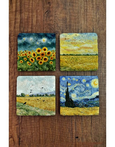 Doğal Taş Bardak Altlığı - Van Gogh AI Eserleri Baskılı 10x10cm Yapay Zeka Stone Coasters 480