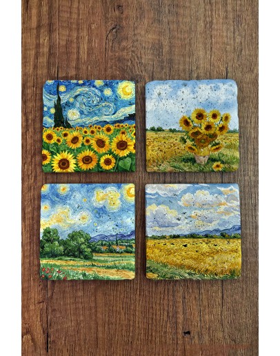 Doğal Taş Bardak Altlığı - Van Gogh AI Eserleri Baskılı 10x10cm Yapay Zeka Stone Coasters 475