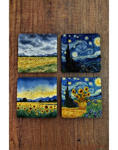 Doğal Taş Bardak Altlığı - Van Gogh AI Eserleri Baskılı 10x10cm Yapay Zeka Stone Coasters 482