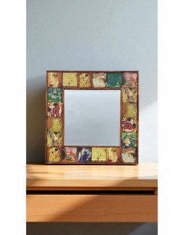 Doğal Taş Dekoratif Ayna 62x62cm Ahşap Çerçeveli Gustav Klimt Eserleri Baskılı