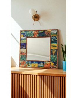 Doğal Taş Dekoratif Ayna 62x62 Cm Ahşap Çerçeveli- Van Gogh Eserleri Baskılı