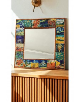 Doğal Taş Dekoratif Ayna 62x62 Cm Ahşap Çerçeveli- Van Gogh Eserleri Baskılı