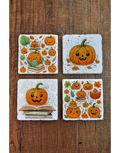 Doğal Taş Bardak Altlığı - Pımpkin Baskılı 10x10cm Stone Coasters 487
