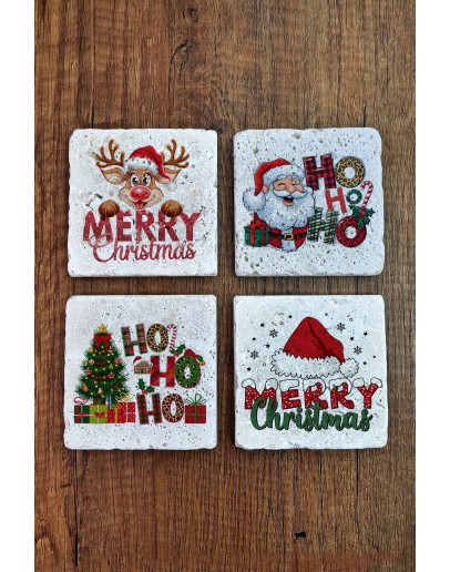 Doğal Taş Bardak Altlığı - Mery Christmast Baskılı 10x10cm Yeni Yıl Stone Coasters 490