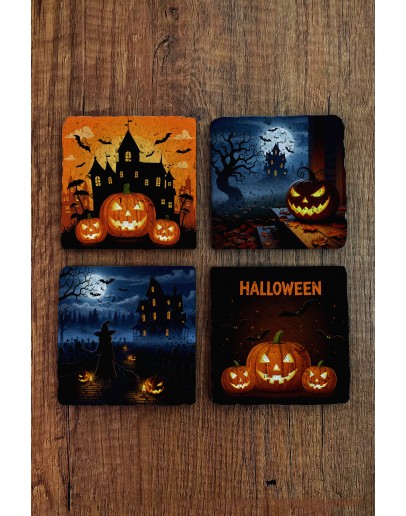 Doğal Taş Bardak Altlığı - Hallowen Baskılı 10x10cm Stone Coasters 488