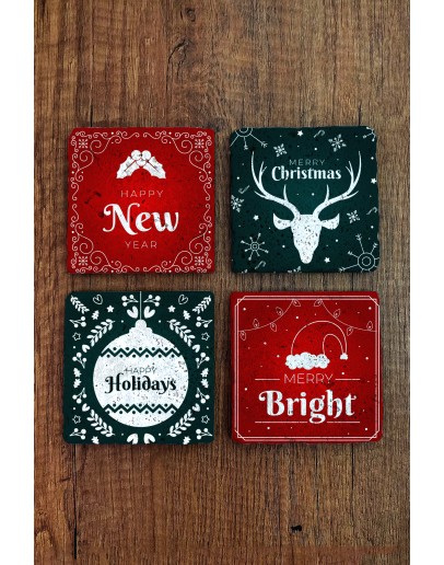 Doğal Taş Bardak Altlığı 10x10cm- Mery Christmast Baskılı Yeni Yıl Stone Coasters 491