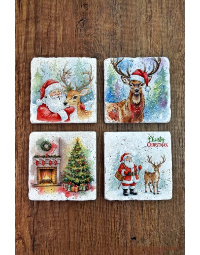Doğal Taş Bardak Altlığı - Mery Christmast Baskılı 10x10cm Yeni Yıl Stone Coasters 493