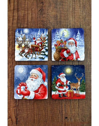 Doğal Taş Bardak Altlığı - Mery Christmast Baskılı 10x10cm Yeni Yıl Noel Stone Coasters 495