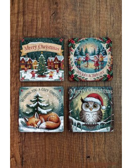 Doğal Taş Bardak Altlığı - Vintage Christmast Baskılı 10x10cm Yeni Yıl Stone Coasters 504