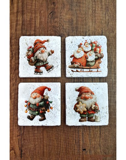 Doğal Taş Bardak Altlığı - Christmast Clipart Baskılı 10x10cm Yeni Yıl Stone Coasters 503
