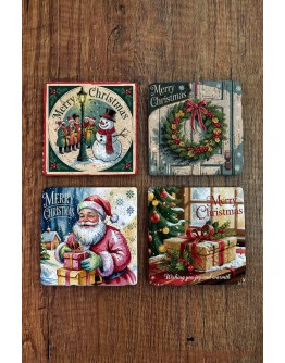 Doğal Taş Bardak Altlığı - Vintage Christmast Baskılı 10x10cm Yeni Yıl Stone Coasters 511