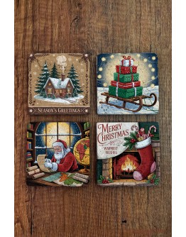 Doğal Taş Bardak Altlığı - Vintage Christmast Baskılı 10x10cm Yeni Yıl Stone Coasters 517