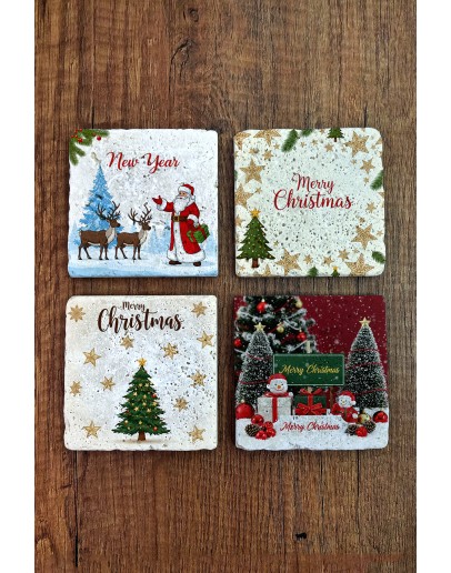 Doğal Taş Bardak Altlığı - Christmast Yeni Yıl Baskılı 10x10cm Ai Noel - Stone Coasters 520