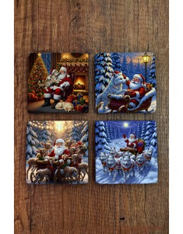 Doğal Taş Bardak Altlığı - Christmast Yeni Yıl Baskılı 10x10cm Ai Noel - Stone Coasters 525