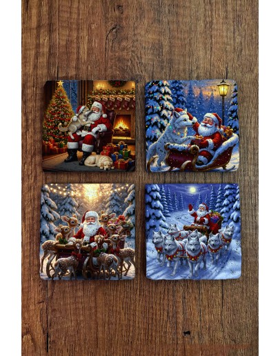 Doğal Taş Bardak Altlığı - Christmast Yeni Yıl Baskılı 10x10cm Ai Noel - Stone Coasters 525