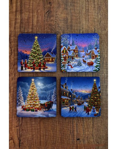 Doğal Taş Bardak Altlığı - Christmast Yeni Yıl Baskılı 10x10cm Ai Noel - Stone Coasters 533