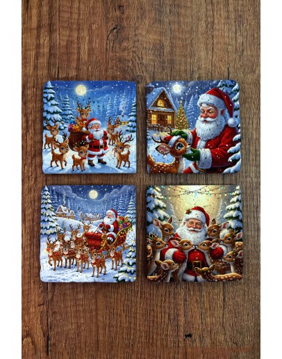 Doğal Taş Bardak Altlığı - Christmast Yeni Yıl Baskılı 10x10cm Ai Noel - Stone Coasters 528