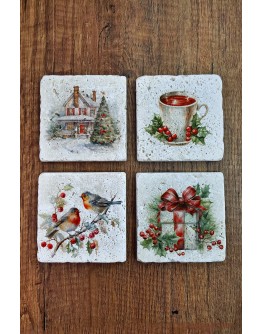 Doğal Taş Bardak Altlığı - Christmast Yeni Yıl Baskılı 10x10cm Ai Noel - Stone Coasters 559