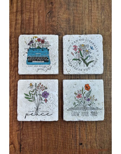 Doğal Taş Bardak Altlığı - Clipart Çiçek Baskılı 10x10cm Ai Flower Stone Coasters 563