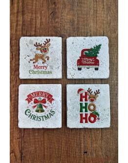Doğal Taş Bardak Altlığı - Christmast Yeni Yıl Baskılı 10x10cm Ai Noel - Stone Coasters 537
