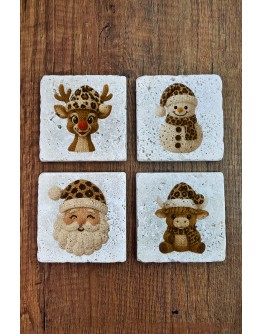 Doğal Taş Bardak Altlığı - Christmast Yeni Yıl Baskılı 10x10cm Ai Noel - Stone Coasters 539