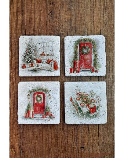 Doğal Taş Bardak Altlığı - Christmast Yeni Yıl Baskılı 10x10cm Ai Noel - Stone Coasters 542