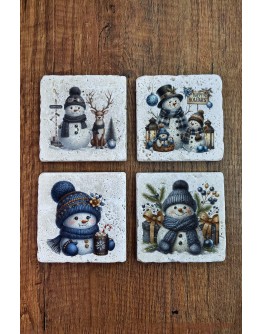 Doğal Taş Bardak Altlığı - Christmast Yeni Yıl Baskılı 10x10cm Ai Noel - Stone Coasters 550