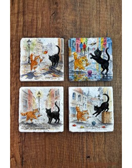 Doğal Taş Bardak Altlığı - Sevimli Kediler Baskılı Bardak Altlığı 10x10cm Ai Stone Coasters 584
