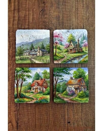 Doğal Taş Bardak Altlığı - Köy Evleri Baskılı Bardak Altlığı 10x10cm Ai Stone Coasters 578